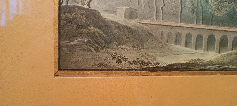 Antico acquerello su carta primi 800 - paesaggio con acquedotto, ponte