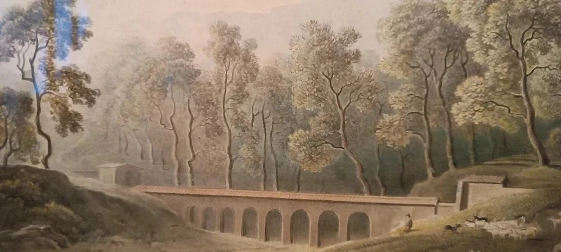 Antico acquerello su carta primi 800 - paesaggio con acquedotto, ponte