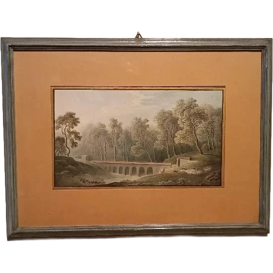 Antico acquerello su carta primi 800 - paesaggio con acquedotto, ponte