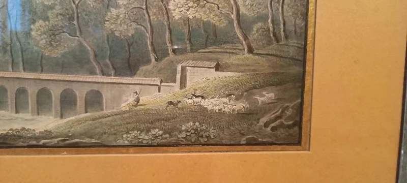 Antico acquerello su carta primi 800 - paesaggio con acquedotto, ponte