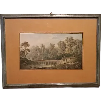 Antique watercolor on paper from the early 1800s—landscape with an aqueduct and a bridge