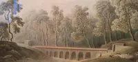 Antico acquerello su carta primi 800 - paesaggio con acquedotto, ponte