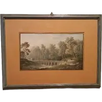 Antico acquerello su carta primi 800 - paesaggio con acquedotto, ponte