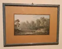 Antico acquerello su carta primi 800 - paesaggio con acquedotto, ponte