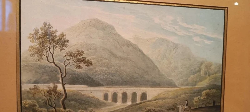 Aquarelle ancienne sur papier datant du début du XIXe siècle – paysage avec aqueduc et pont