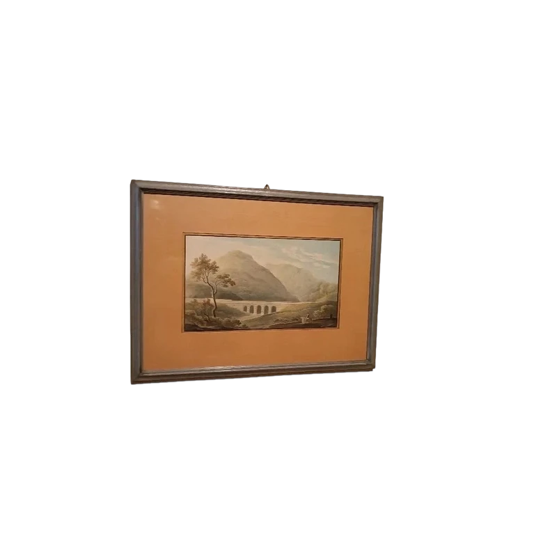 Aquarelle ancienne sur papier datant du début du XIXe siècle – paysage avec aqueduc et pont