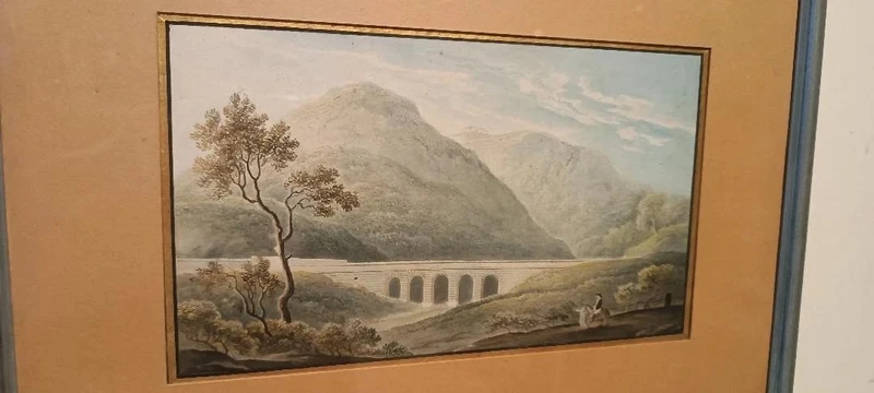 Aquarelle ancienne sur papier datant du début du XIXe siècle – paysage avec aqueduc et pont