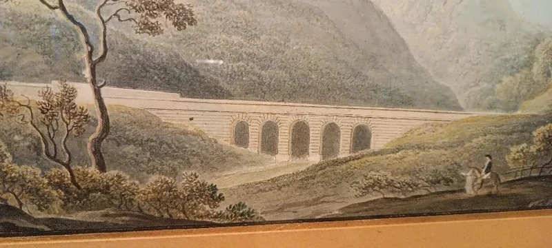 Aquarelle ancienne sur papier datant du début du XIXe siècle – paysage avec aqueduc et pont