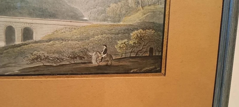 Aquarelle ancienne sur papier datant du début du XIXe siècle – paysage avec aqueduc et pont