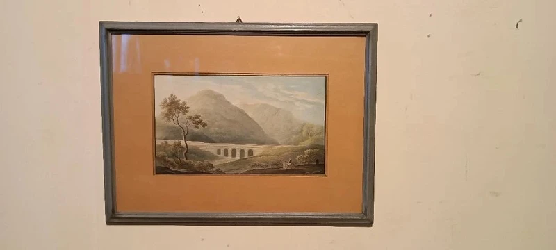 Aquarelle ancienne sur papier datant du début du XIXe siècle – paysage avec aqueduc et pont