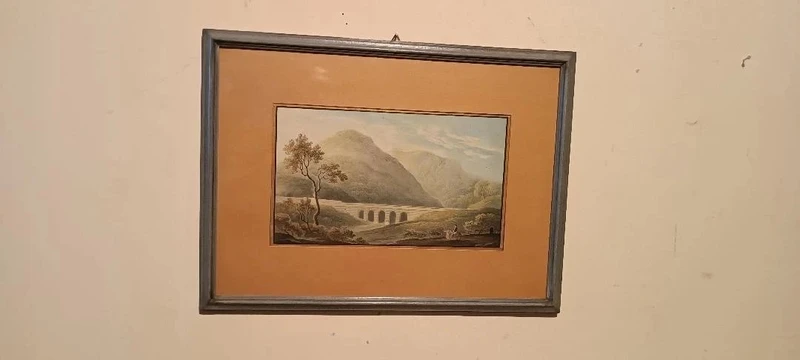Aquarelle ancienne sur papier datant du début du XIXe siècle – paysage avec aqueduc et pont