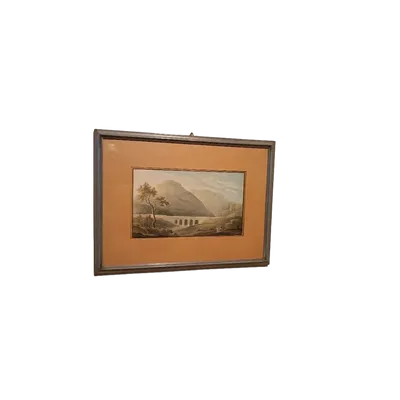 Antique watercolor on paper from the early 1800s—landscape with an aqueduct and a bridge
