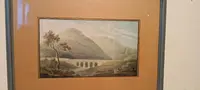 Aquarelle ancienne sur papier datant du début du XIXe siècle – paysage avec aqueduc et pont
