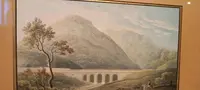 Aquarelle ancienne sur papier datant du début du XIXe siècle – paysage avec aqueduc et pont