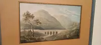 Aquarelle ancienne sur papier datant du début du XIXe siècle – paysage avec aqueduc et pont