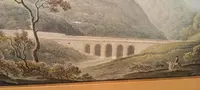 Aquarelle ancienne sur papier datant du début du XIXe siècle – paysage avec aqueduc et pont
