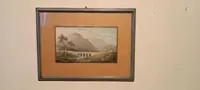 Aquarelle ancienne sur papier datant du début du XIXe siècle – paysage avec aqueduc et pont
