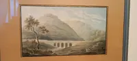 Aquarelle ancienne sur papier datant du début du XIXe siècle – paysage avec aqueduc et pont