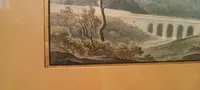 Aquarelle ancienne sur papier datant du début du XIXe siècle – paysage avec aqueduc et pont