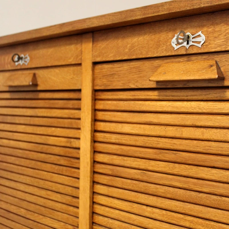 Antique oak filing cabinet with sliding doors