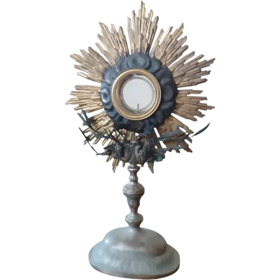 Ostensorio antico in metallo argentato e parte in argento H.53 CM