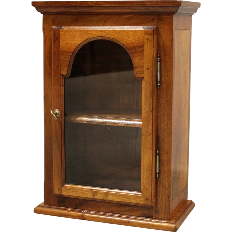 19th-century walnut wall-mounted glass display cabinet