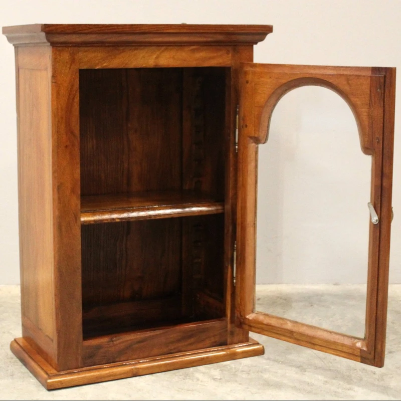 19th-century walnut wall-mounted glass display cabinet
