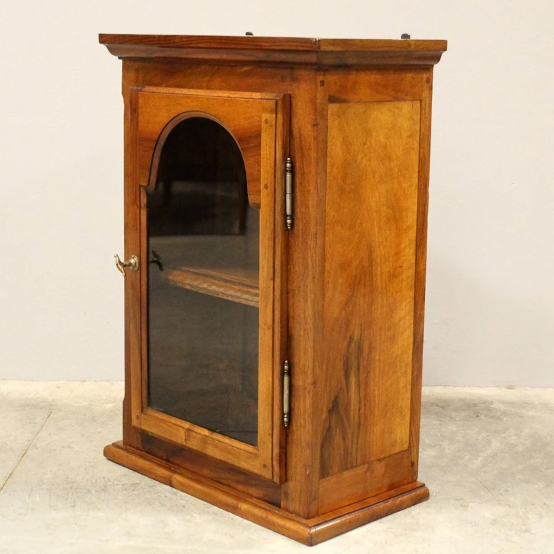 19th-century walnut wall-mounted glass display cabinet