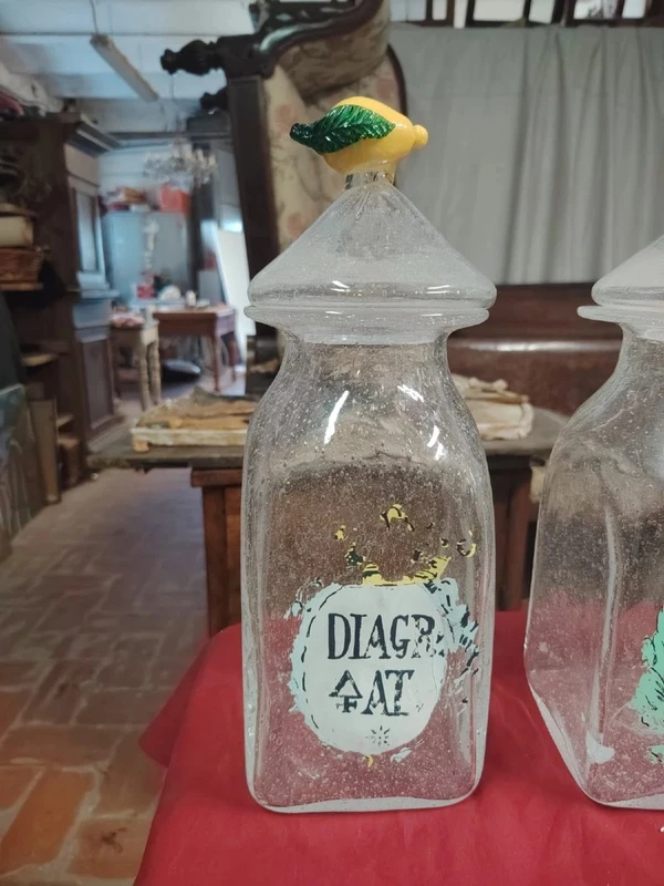 Tre Vasi farmacia antichi n vetro soffiato Dipinti Primi '900 Murano. H.35 CM