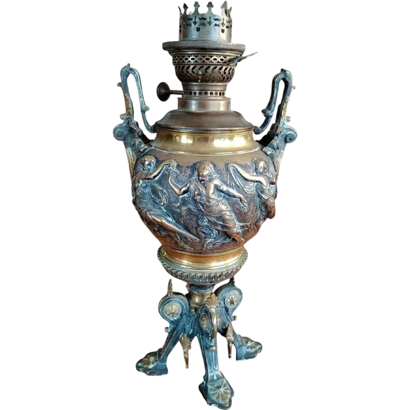 Grande lampada a petrolio da tavolo antica in bronzo in stile neoclassico, fine 800