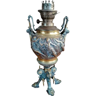Large antique bronze oil table lamp in the neoclassical style, late 19th century