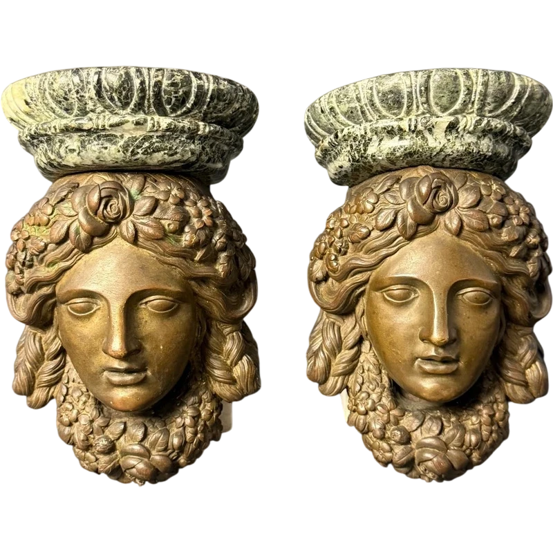 Pair of decorative shelves in bronze and Verde Alpi marble—first half of the 19th century