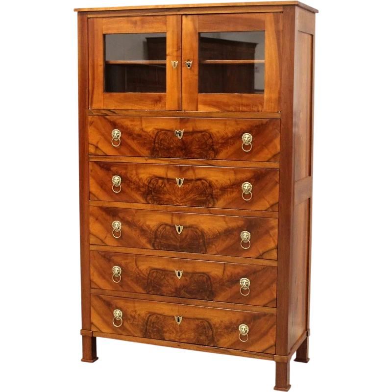 Ancienne commode-vitrine de style Empire en noyer, XIXe siècle