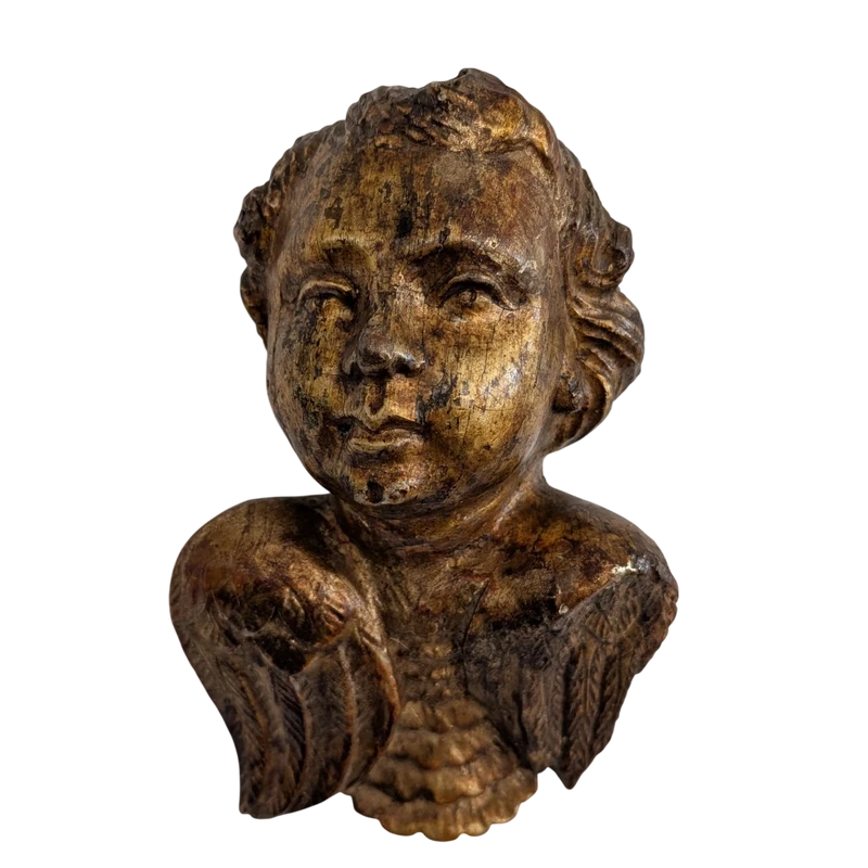 Cherubino del XVIII secolo in legno scolpito e dorato a mecca