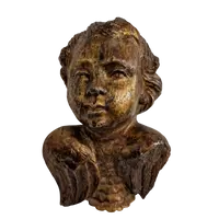 Cherubino del XVIII secolo in legno scolpito e dorato a mecca