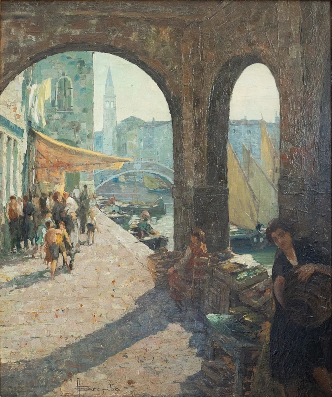 Angelo Brombo (1893-1962) – Scène de marché à Chioggia