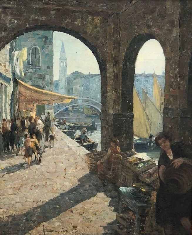 Angelo Brombo (1893-1962) – Scène de marché à Chioggia
