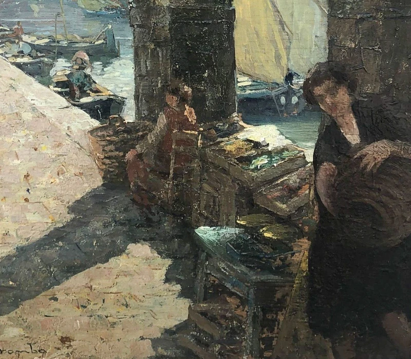 Angelo Brombo (1893-1962) – Scène de marché à Chioggia