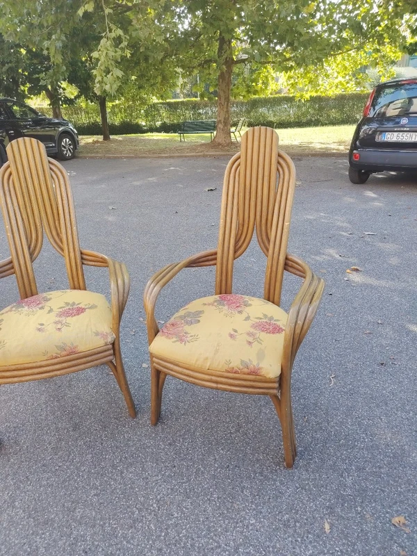 A pair of original 1970s Italian-designed armchairs made of bent bamboo,