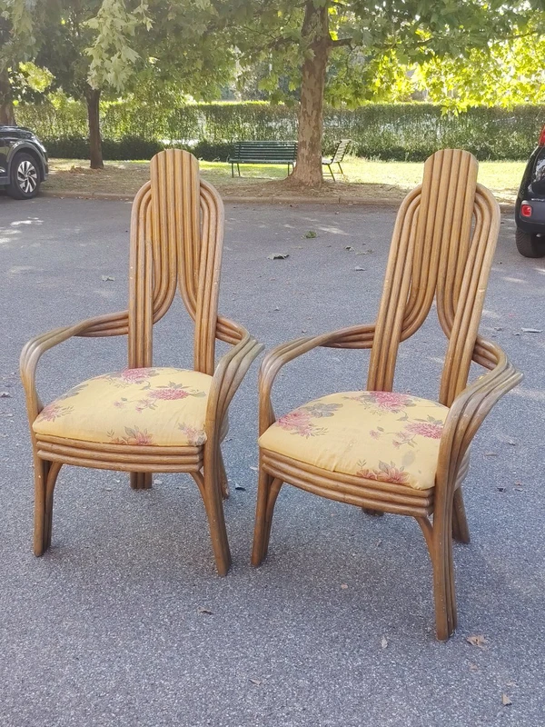 A pair of original 1970s Italian-designed armchairs made of bent bamboo,