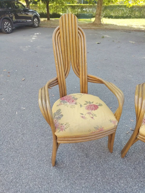 A pair of original 1970s Italian-designed armchairs made of bent bamboo,