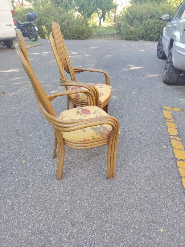 A pair of original 1970s Italian-designed armchairs made of bent bamboo,