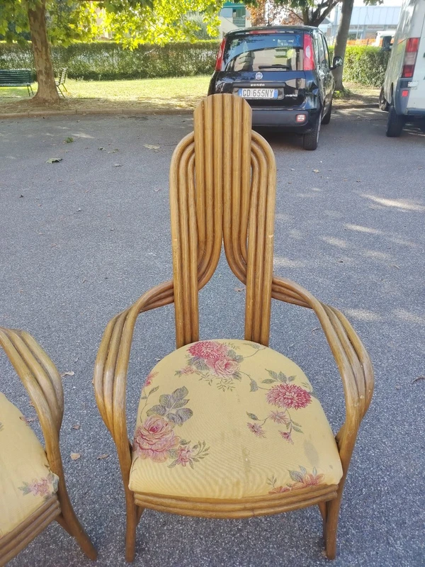 A pair of original 1970s Italian-designed armchairs made of bent bamboo,