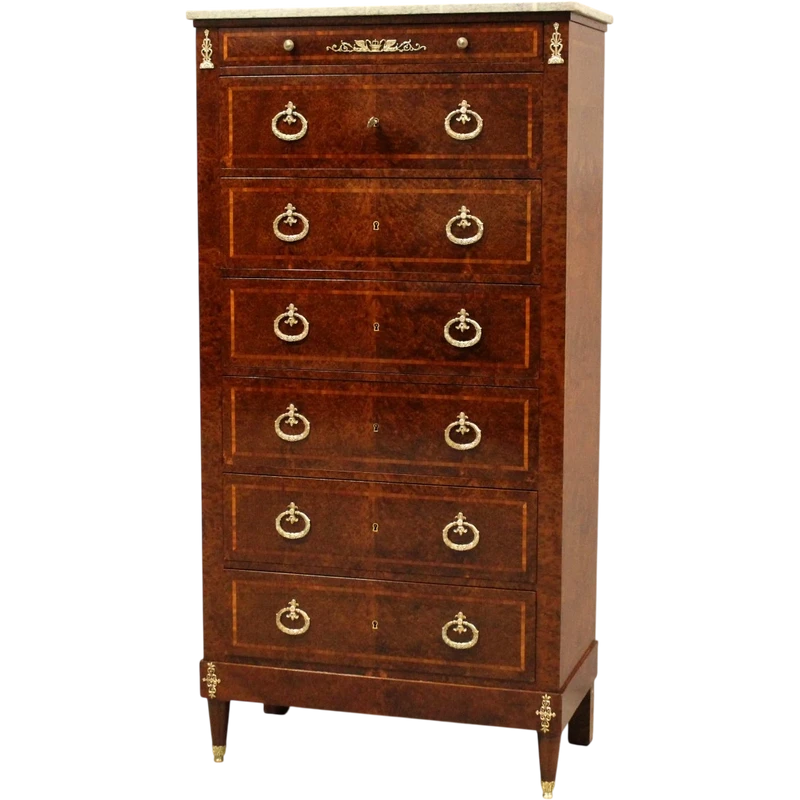 Ancienne commode à tiroirs de style Napoléon III, marquetée, XIXe siècle