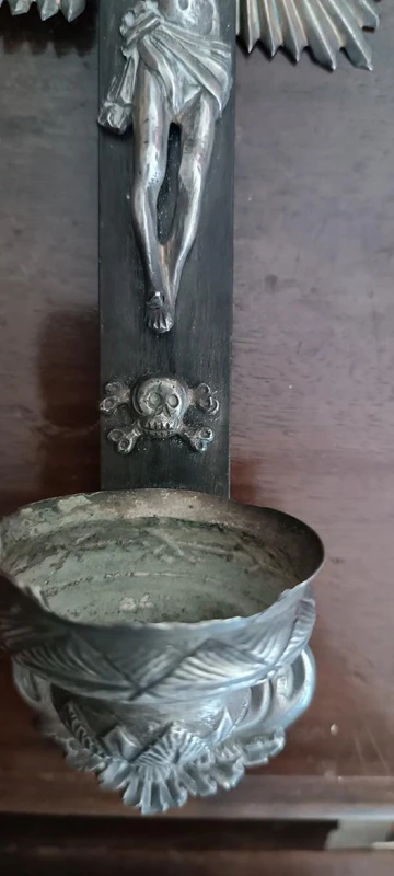 Antique crucifix and holy water font, made of silver, 19th century, Naples