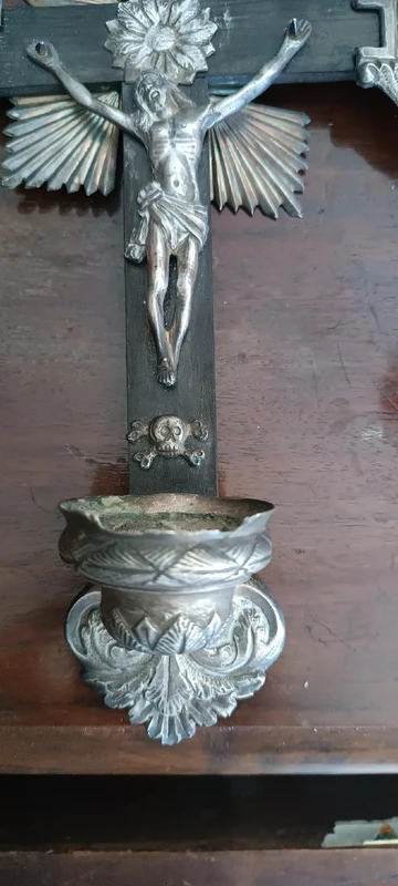 Antique crucifix and holy water font, made of silver, 19th century, Naples