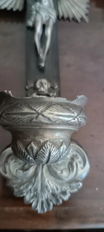 Antique crucifix and holy water font, made of silver, 19th century, Naples