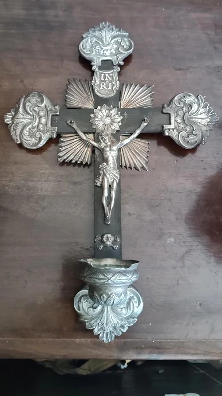 Antique crucifix and holy water font, made of silver, 19th century, Naples