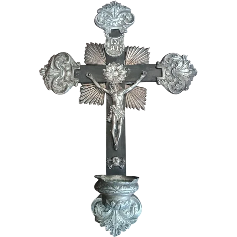 Antique crucifix and holy water font, made of silver, 19th century, Naples
