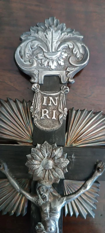 Antique crucifix and holy water font, made of silver, 19th century, Naples